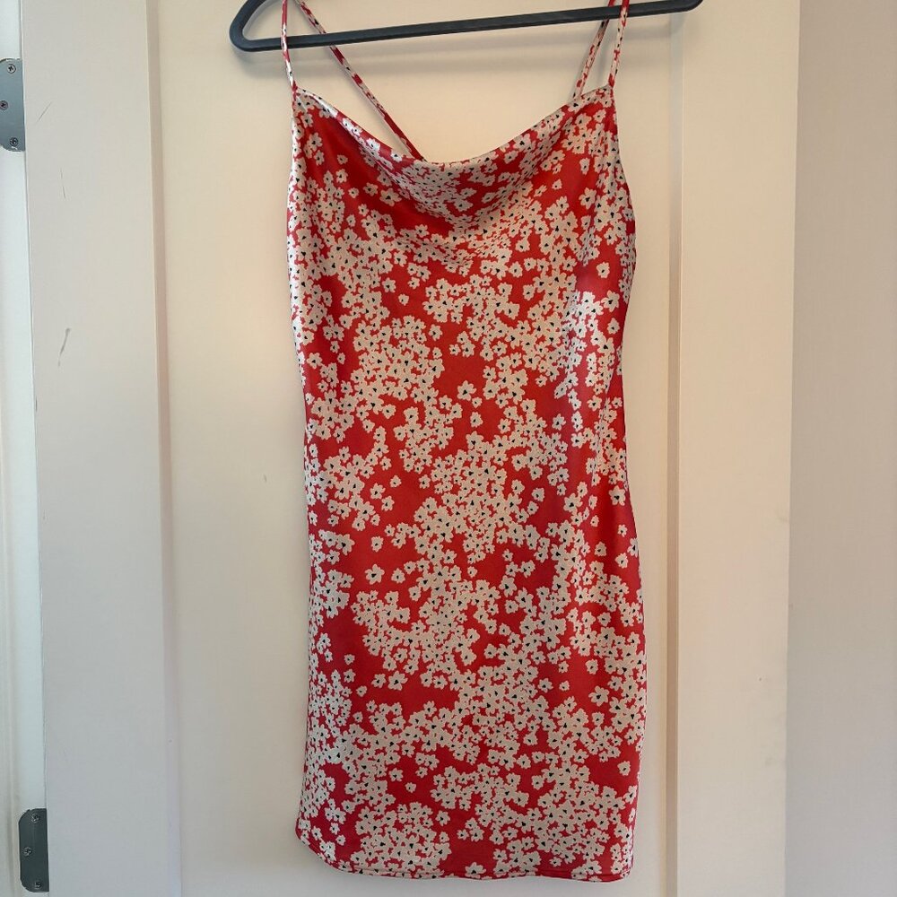 Cowl Neck Satin Mini Floral Dress XS